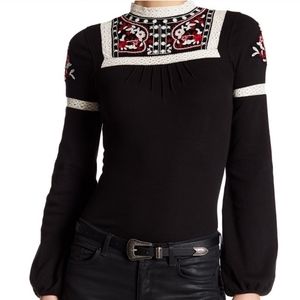 Black Embroidered Boho Long-Sleeve Top